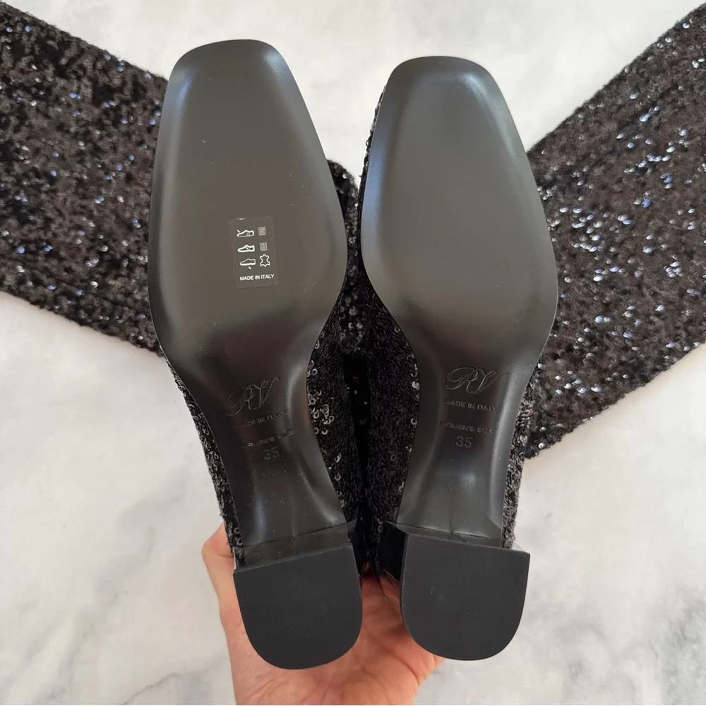 NEW Roger Vivier Sequin OTK Over the Knee Low Block Heel Sock Boots Black 35